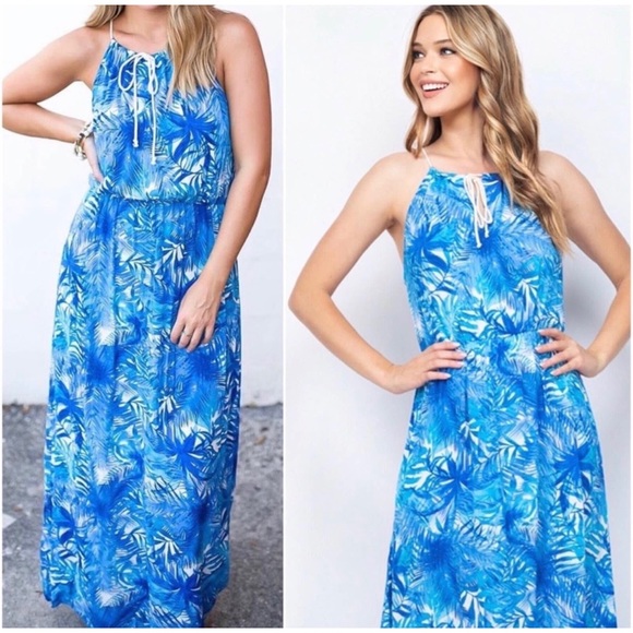 1 LEFT! Tropical Blue Leaves Women's Summer Beach Ocean Breeze Cute Maxi Dress - Picture 2 of 5